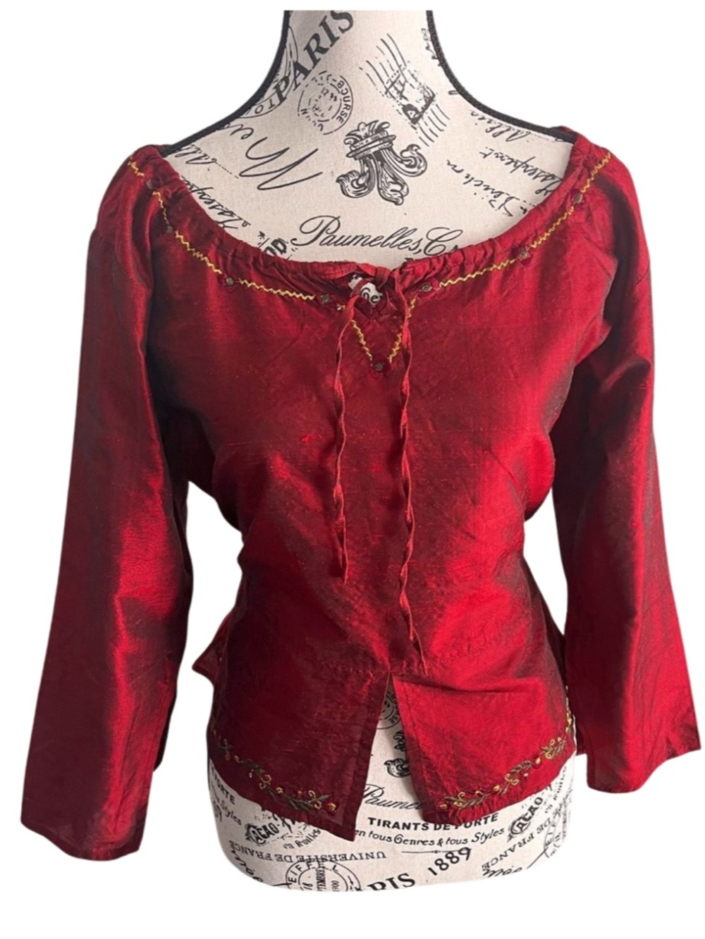 Y2K Red Boho Peasant Top Fairy Grunge Tie Front Off Shoulder Blouse India Size L